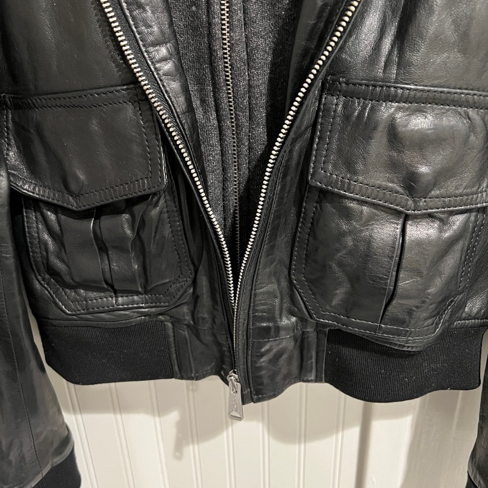 R13 Black Leather Jacket, sewn in hoodie - Picture 4 of 9